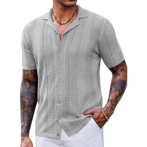 Men's Knit Shirts Vintage Short Sleeve Button Down Shirt Casual Summer Beach Shi